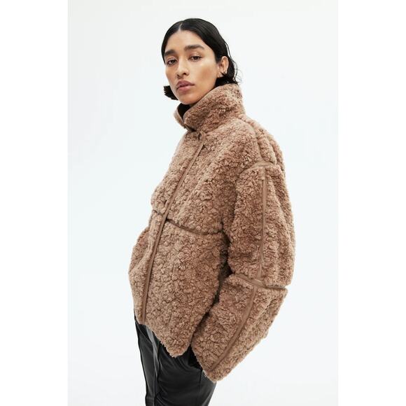 H&M Tan Faux Shearling Coat Women's Sz XS Button Up Teddy Sherpa Boxy Fit EUC - Picture 2 of 11